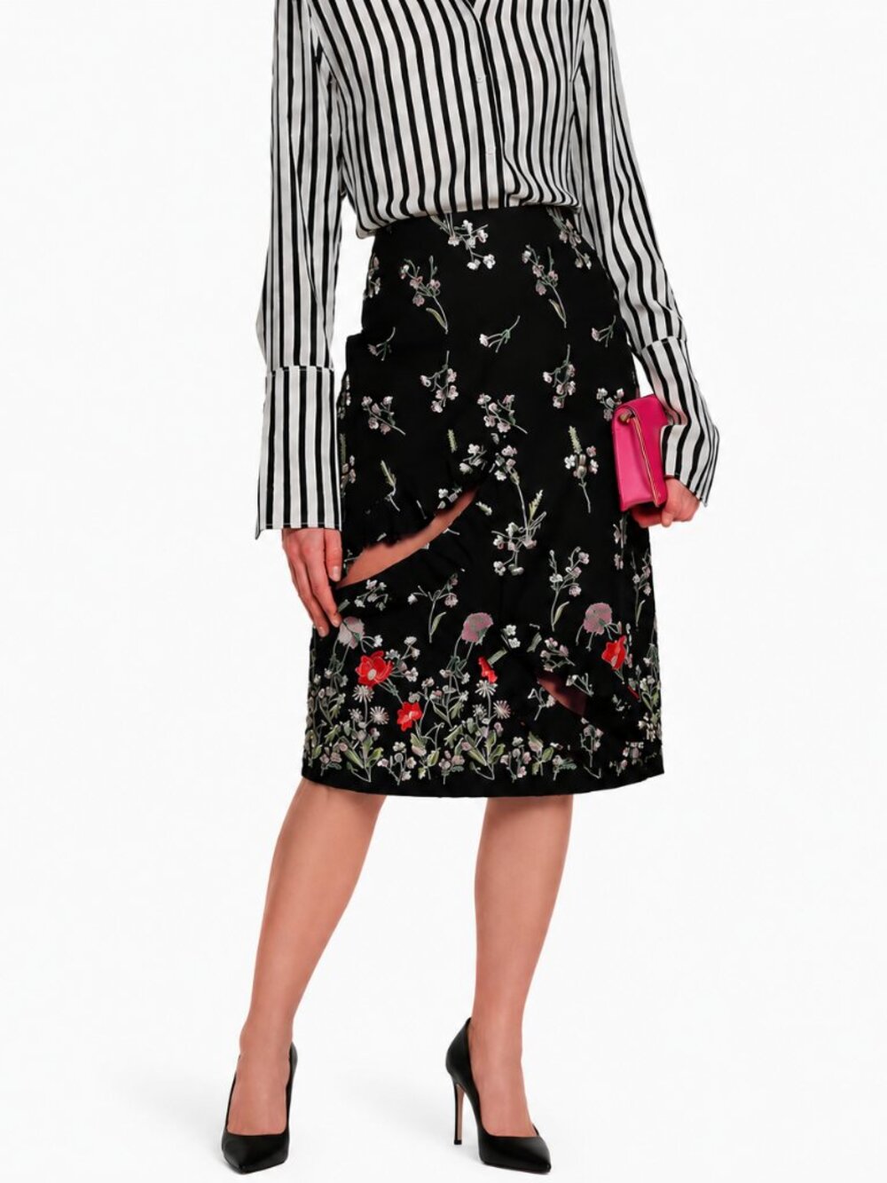 MARQUES ALMEIDA Black Floral Embroidered Poplin Ruffle Pencil Skirt, Size 10